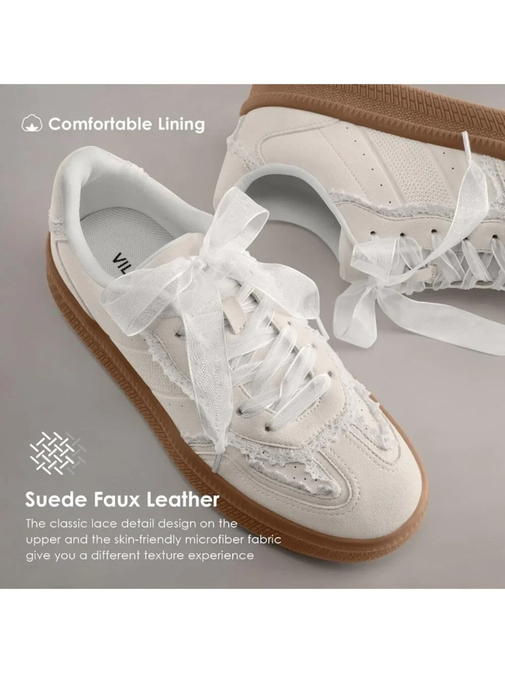 Women's White Lace Suede Faux Leather Comfortable Casual Retro Gum Sole Sneaker
